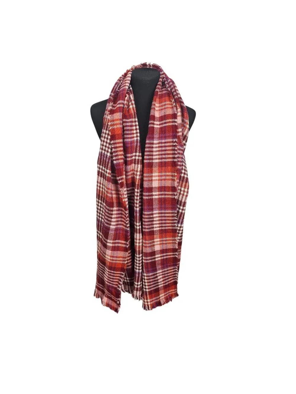 Joan Rivers Plaid Red & Orange Scarf Blanket Wrap Frayed Edges